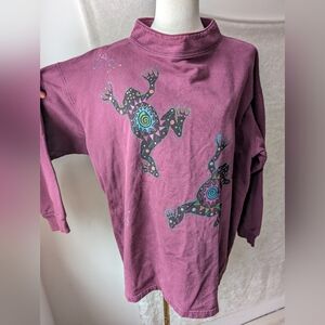 Artist Funky Frogs Mock Neck Eggplant Purple Oversize Tunic Sweater Vtg